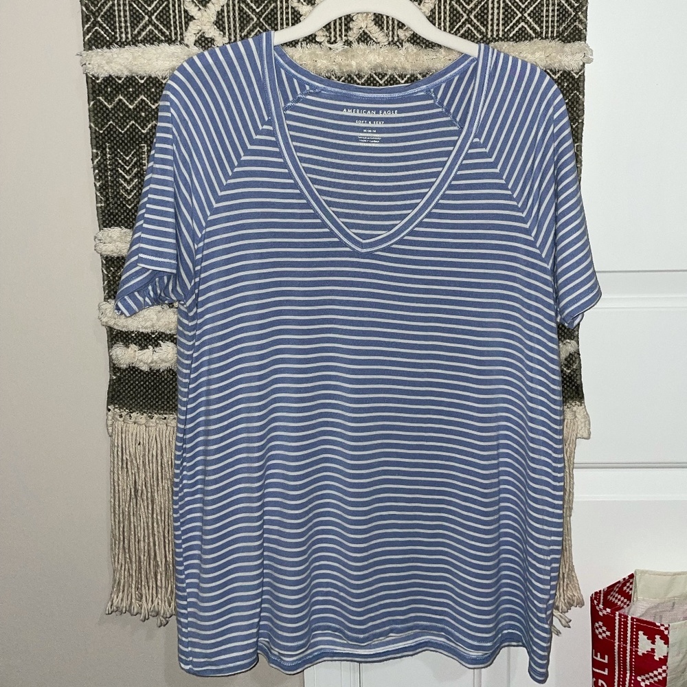 American Eagle Outfitters Blue and White Striped V-Neck Short Sleeve Tee